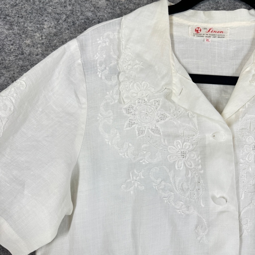 Vintage Ivory Linen Embroidered Button Blouse XL Short Sleeve Summer Cottagecore - Picture 7 of 16